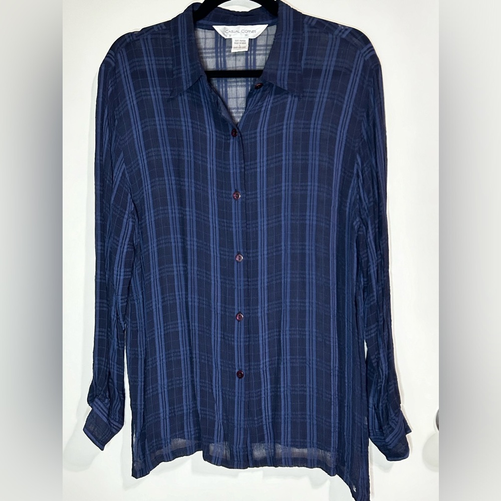 Casual Corner Navy Checkered Button Down Shirt